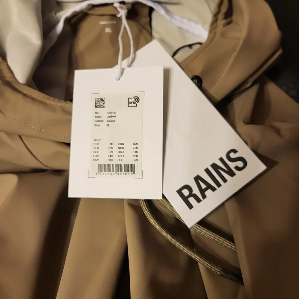 NWT Rains Unisex Waterproof Jacket Size Color Taupe Size XL - Picture 11 of 11